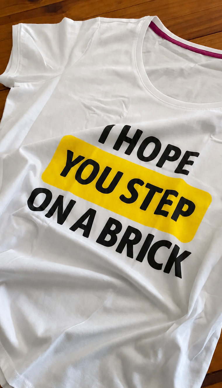 White T-shirt with the words “I hope you step on a brick” lying on a wooden table. The words “You step” are highlighted in yellow.